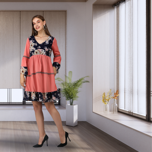 Luxury Designer Coral Floral Short <b>Dress</b> for Women Trending Party Wear V Neck <b>Bell</b> <b>Sleeve</b> Layered Mini <b>Dress</b> - Product Image 5