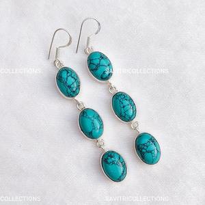 ต่างหูหินเทอร์ควอยส์หลากสี92.5ต่างหูลวดห้อยคริสตัลชุบเงินทำด้วยมือของขวัญเครื่องประดับ Boho สำหรับผู้หญิง - Product Image 1