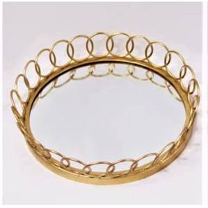 Plateau de service en métal en verre miroir doré fait à la main avec poignées pour la décoration de la maison et de l'hôtel plateau de miroir rond en métal de styliste - Product Image 3