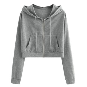 Automne recadrée sweats femmes décontracté solide à manches longues sweats à capuche fermeture éclair poche chemise sweat à capuche hauts - Product Image 1