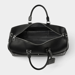Black Genuine <b>Leather</b> Weekender Duffel <b>Bag</b> Zipper Closure Travel Durable Polyester Lining - Product Image 1