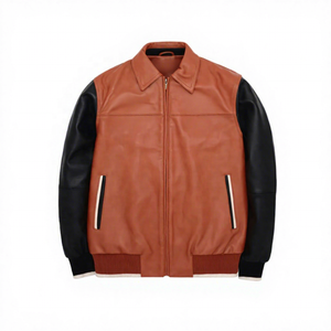 Veste en cuir marron pour homme avec manches noires, col rabattu, fermeture éclair, style décontracté d'automne - Product Image 6