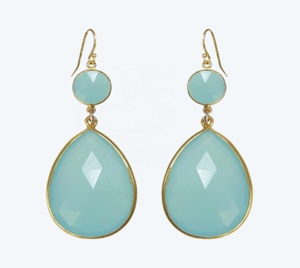 Pendiente de gancho de Calcedonia de agua natural 925 Plata de Ley 18K Pendiente chapado en oro para mujeres y niñas - Product Image 4