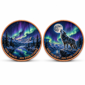 Moneta Rotonda Personalizzata da 1 OZ in Rame Puro 999 con Lupo Urlante e Aurora, Stampa UV su Entrambi i Lati, Regalo a Tema Montagna, Lago, Pino e Natura Selvaggia - Product Image 1