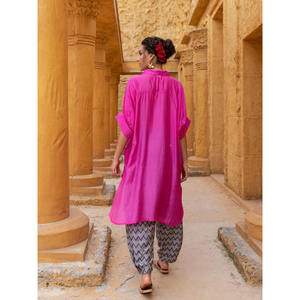 Zarina Oversized Asymmetrical <b>Long</b> <b>Shirt</b>-Solid Modal Silk Button Down for <b>Women</b> - Product Image 3