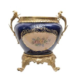 Pot de fleurs en porcelaine de luxe avec laiton plaqué or antique, jardinière décorative classique - Product Image 2