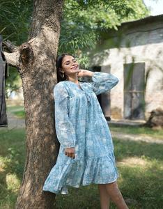 Blue White Mulmul Cotton Floral <b>Dress</b> for Women <b>Summer</b> Full <b>Sleeve</b> Comfortable <b>Dress</b> - Product Image 4