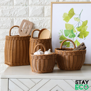 Cestas de Almacenamiento de Ratán Natural con Asas, Organizador de Cocina Redondo Rústico, Forma de Tazón Ecológico - Product Image 1