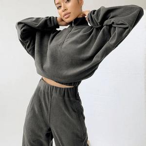 2023 femmes velours costume ensemble sweat fermeture éclair col fermeture éclair et col haut costume décontracté 2 psc ensemble tenues - Product Image 5