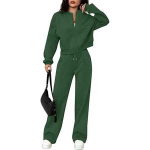 Ensemble de survêtement pour femme en deux pièces, uni, brodé, long, avec fermeture éclair, sweat-shirt et pantalon de survêtement - Product Image 1