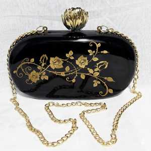 Luxury Black Acrylic <b>Clutch</b> Bag with Golden Floral Rose Design & <b>Gold</b> Chain Strap Elegant Evening Handbag Top Closure for Women - Product Image 1