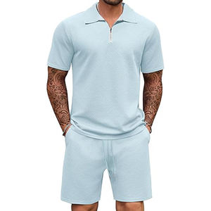 Tenues de sport de jogging athlétique bleu clair respirantes pour hommes ensemble de 2 pièces polo à fermeture éclair courte survêtement - Product Image 1