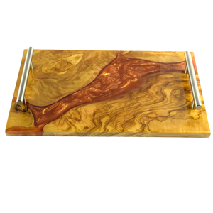 Plateau en bois et résine pour la cuisine, le petit-déjeuner, plateau de service en bois, plateau en résine avec poignée en acier inoxydable, best-seller - Product Image 3