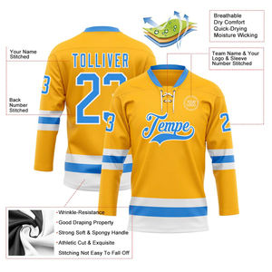 OEM Fabricación personalizada al por mayor Custom Gold Powder Blue-White High Quality Hockey Lace Neck Jersey - Product Image 3