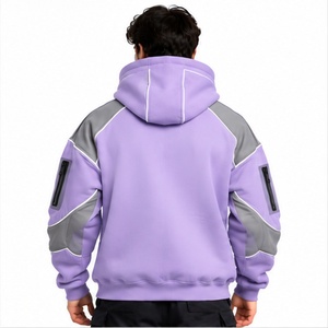เสื้อฮู้ดผู้ชายทรงหลวมสีลาเวนเดอร์ ผ้าฟลีซสีเทา แต่งแถบสีตัดกัน แขนเสื้อแบบปกติ มีเชือกผูกฮู้ด ลายบล็อกสี สไตล์สตรีทแวร์ - Product Image 2