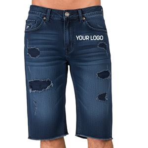 Nuevos shorts de mezclilla para hombre, estilo streetwear, con efecto desgastado, lavado a la piedra, color azul oscuro, transpirables, con paneles laterales con botones. - Product Image 1