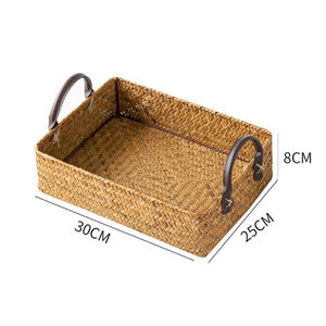 Juego de 2 Bandejas de Servicio de Ratán Hechas a Mano con Asas de Cuero Marrón, Diferentes Tamaños, Vajilla, Bandeja de Servicio de Alimentos para Restaurante - Product Image 4