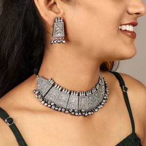 Oxidized Antique <b>Silver</b> <b>Choker</b> Set Boho Indian Women Jewelry Sets Gift for her - Product Image 1