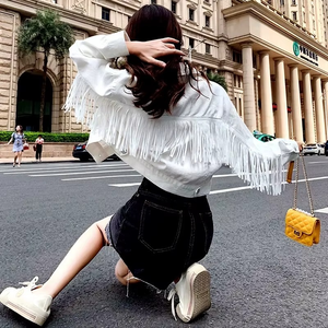 Abrigo vaquero blanco para mujer con decoración de botones, prendas de vestir exteriores holgadas para primavera, otoño, invierno, verano, Tops informales para estudiantes - Product Image 4