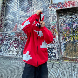 เสื้อฮู้ดดี้โอเวอร์ไซส์แบบแพทช์เวิร์คสำหรับผู้ชาย ตกแต่งด้วยลายปักสไตล์พังก์ สตรีทแวร์ ทรงปกติ ผ้าฟลีซสำหรับฤดูหนาว กันน้ำ เป็นมิตรกับสิ่งแวดล้อม - Product Image 5