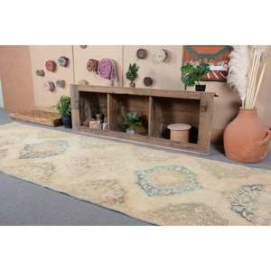 Alfombra turca Vintage Beige y azul 3,9 X 13.5ft Tejido plano de lana con patrón de retazos para decoraciones de sala de estar - Product Image 2