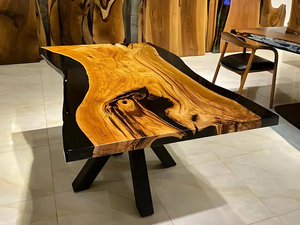 Plateau de table à manger en résine époxy noire à bord vif, table en bois massif faite à la main, mobilier moderne de luxe - Product Image 3