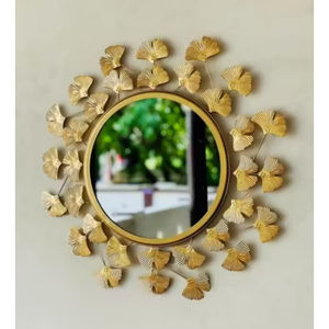 Top Quality <b>Gold</b> Ginkgo Leaf <b>Round</b> Wall <b>Mirror</b> Fantastic Decorative Metal Frame Home Decor Accent <b>Mirror</b> For Living Room - Product Image 1