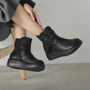 [JSHOE] Women Handmade Genuine Lambskin Leather Fleece Lined Platform Short Boots 5cm Wedge <b>Heel</b> Winter Comfort Shoes - Product Image 2