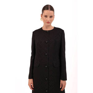 Manteau trench en cuir véritable noir jacquard pour femmes - Product Image 5