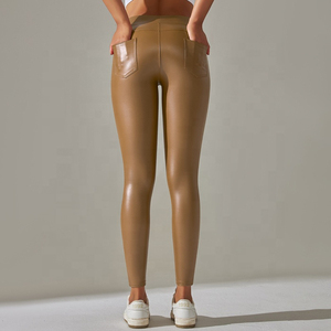 Women's Custom Thick Thin Fleece <b>Lined</b> PU Faux Leather High Waist Pants Butt Lifting Effect Stretch <b>Tights</b> Pockets Solid Black - Product Image 2