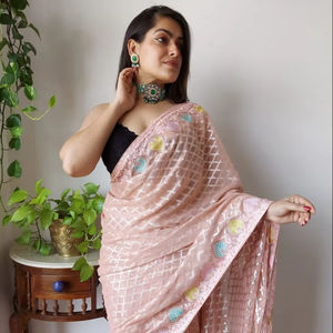Sari en soie d'organza lourd de créateur traditionnel brodé pour festival de mariage indien pakistanais modèle fantaisie pour adultes mode - Product Image 1