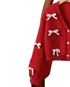 Manufacturer Custom Women Red <b>Cropped</b> Knit Cardigan Sweater With <b>White</b> Bow Applique V Neck Button Front Cute Winter Fashion <b>Top</b> - Product Image 3