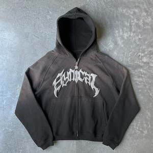 Ácido Vintage lavado Zip up Sun Faded algodón mezclado con capucha peso pesado algodón hombres personalizado 3D Puff impresión Sudadera con capucha - Product Image 4