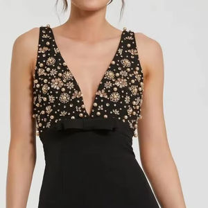 Flora adultos sólido caliente Sexy sirena silueta hasta el suelo vestido de lentejuelas manga larga cuello redondo bordado corte lateral con cuentas - Product Image 1