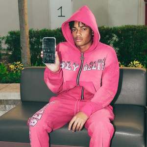 Ensemble de survêtement pour homme personnalisé, lourd, vintage, délavé à l'acide, broderie, style hip-hop, coupe ample, sweat-shirt à capuche court, streetwear, fermeture éclair - Product Image 4