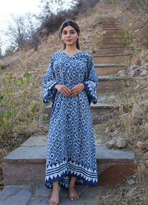 Caftán ecológico de algodón 100%, estampado elegante, elegante, con borde azul, estampado a mano, cómodo caftán informal de longitud media - Product Image 6