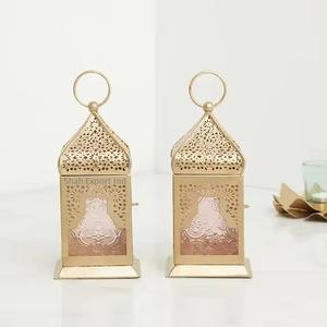 Lot de 2 lanternes à bougie marocaines en métal pour le Ramadan et l'Aïd avec lanternes suspendues et au sol en verre couleur pêche - Product Image 5