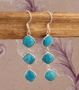 925 Sterling <b>Silver</b> Turquoise Faceted Cushion Shape Designer Three Stone <b>Long</b> <b>Silver</b> <b>Earrings</b> At Wholesale Price - Product Image 6