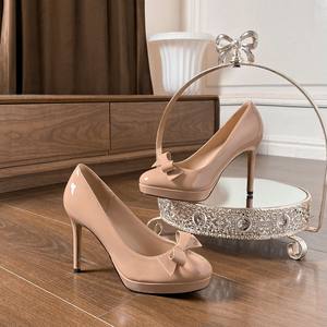 Escarpins à plateforme chic couleur nude avec nœud, élégants, magnifiques et polyvalents, pour tenues habillées ou décontractées, à talon aiguille, pour femmes - Product Image 4