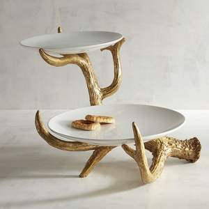 Table à manger décorative en marbre à 2 niveaux avec support doré en forme de courbe, support à cupcakes en métal de haute qualité, décoration d'intérieur - Product Image 5