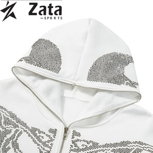 Sweat à capuche pour homme en cristal de diamant perlé à double fermeture éclair de haute qualité personnalisé avec logo de designer, fermeture éclair délavée, uni, hiver, strass - Product Image 5