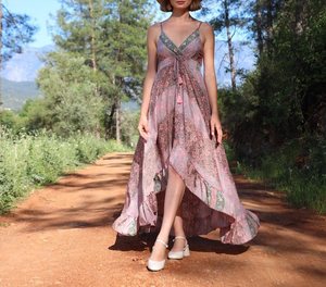 Adult Plus Size <b>A</b>-<b>Line</b> Powder Pink <b>Patterned</b> Polyester/Cotton Bohemian V-neck <b>Dress</b> Breathable Sustainable Short Tassel Front - Product Image 2