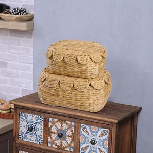Lot de 2 paniers de rangement en jacinthe tissés à la main, couvercle en osier, couvercles de panier en jacinthe, panier en osier à bord festonné - Product Image 5