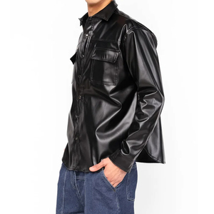 Chemises en cuir à manches longues pour hommes en gros, logo personnalisé, coupe ample, col montant, broderie, chemises formelles décontractées à fermeture éclair pour hommes - Product Image 4