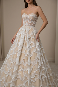<b>White</b> Beaded Plain Woven Tulle <b>Lace</b> <b>Fabric</b> with Wave Pattern Embroidered Lightweight 70GSM for Wedding Girls - Product Image 2