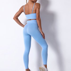 2024 Custom Blue Gym Yoga Set for <b>Women</b> 2Pcs Solid Digital Printed Leggings Bra <b>Short</b> Length <b>Shorts</b> Logo Positioned Waist - Product Image 2