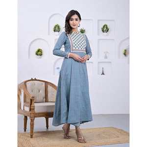 Vestido Anarkali Clásico Azul de Algodón con Estampado de Bloques y Corte en A - Product Image 3