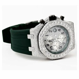 Montre-bracelet luxueuse unisexe chronographe en acier inoxydable avec mouvement automatique japonais, diamants en moissanite VVS, bracelet en caoutchouc vert - Product Image 3