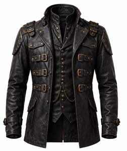 Veste en cuir véritable pour homme avec chaînes et boucles, col rabattu, vêtement d'hiver - Product Image 3
