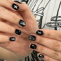 MEN-YY-1236 Faux Ongles Noirs Argentés Étoilés Cool à Presser Réutilisables Couverture Complète Style Gothique 24 Pièces